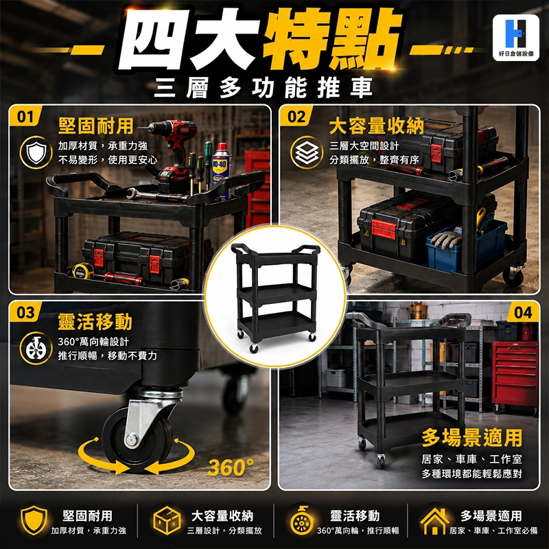 【適用場景】

• 汽車美容店

• 汽車維修保養

• 洗車用品收納

• 工作室工具整理

• 倉儲／居家收納
